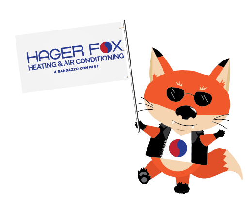 Hager Fox mascot holding the Hager Fox Flag