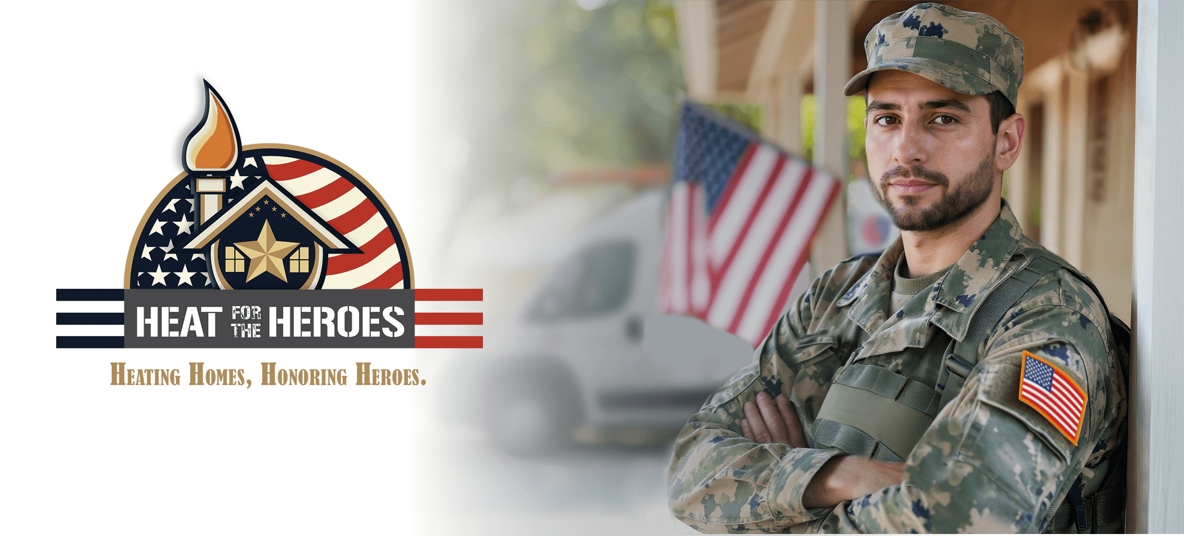 Heat For The Heroes home page. A veteran standing in front of a house and in the back is a Hager Fox heating and air conditioning van.