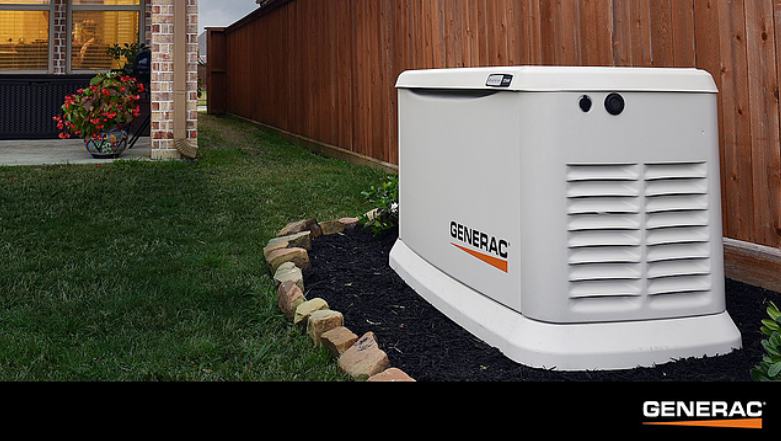 Generac generator in landscaped yard