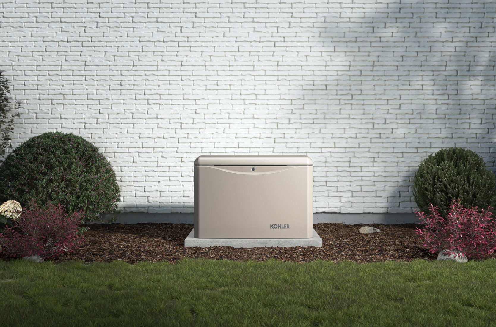 Kohler generator in landscaped yard